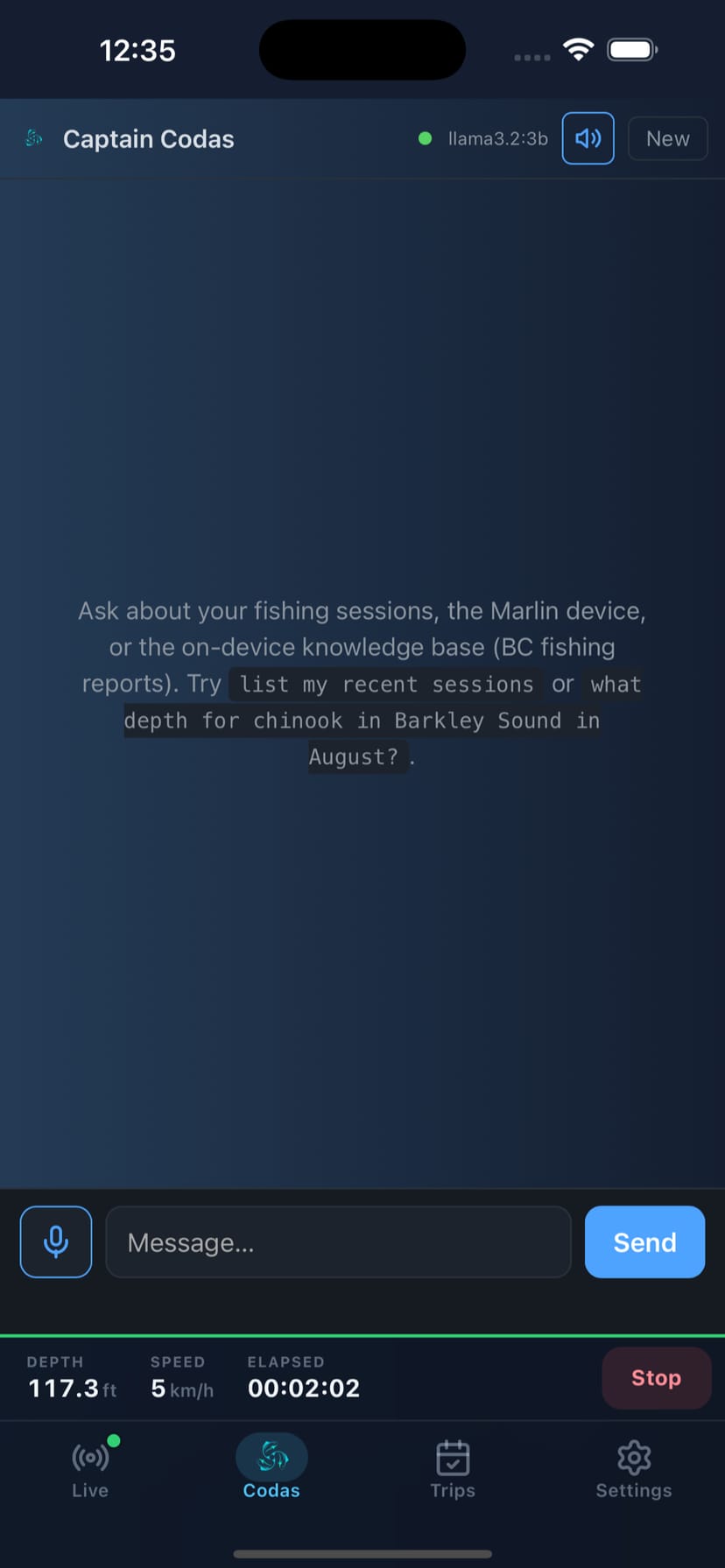 Captain Codas chat screen in Marlin Connect (coming soon)